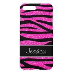 Hot Pink Faux Glitter Zebra Personalized iPhone 7 Plus Case