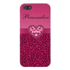 Hot Pink Printed Bling Heart & Leopard Pattern Case For iPhone SE/5/5s