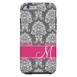 Hot Pink and Charcoal Damask Pattern with Monogram Tough iPhone 6 Case