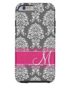 Hot Pink and Charcoal Damask Pattern with Monogram Tough iPhone 6 Case