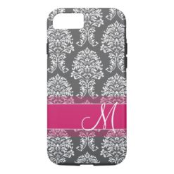 Hot Pink and Charcoal Damask Pattern with Monogram iPhone 7 Case
