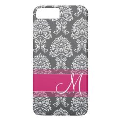 Hot Pink and Charcoal Damask Pattern with Monogram iPhone 7 Plus Case