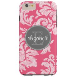 Hot Pink and Gray Chalkboard Damask with Monogram Tough iPhone 6 Plus Case