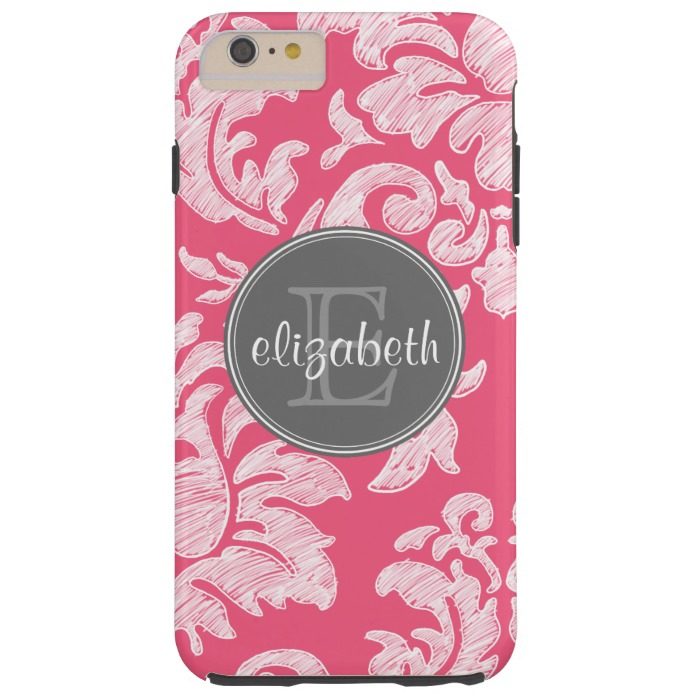 Hot Pink and Gray Chalkboard Damask with Monogram Tough iPhone 6 Plus Case