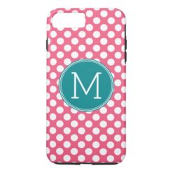 Hot Pink and Teal Polka Dots with Custom Monogram iPhone 7 Plus Case