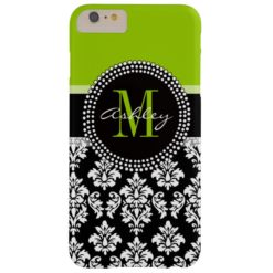 Lime Green Black Damask Pattern Monogrammed Barely There iPhone 6 Plus Case