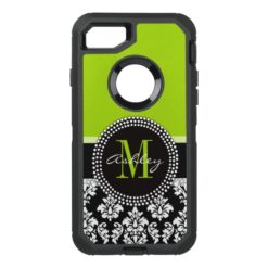 Lime Green Black Damask Pattern Monogrammed OtterBox Defender iPhone 7 Case