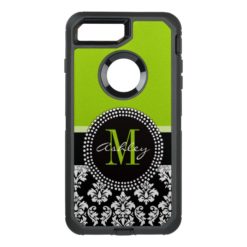 Lime Green Black Damask Pattern Monogrammed OtterBox Defender iPhone 7 Plus Case