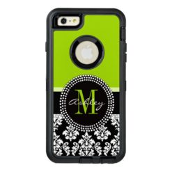 Lime Green Black Damask Pattern Monogrammed OtterBox Defender iPhone Case