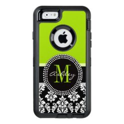 Lime Green Black Damask Pattern Monogrammed OtterBox Defender iPhone Case