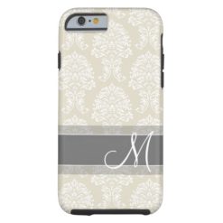 Linen and Charcoal Damask Pattern with Monogram Tough iPhone 6 Case