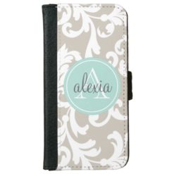 Linen and Mint Monogrammed Damask Print iPhone 6/6s Wallet Case