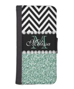 MINT GREEN GLITTER BLACK CHEVRON MONOGRAMMED iPhone SE/5/5s WALLET