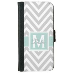MINT GREEN GRAY CHEVRON PATTERN PERSONALIZED WALLET PHONE CASE FOR iPhone 6/6S