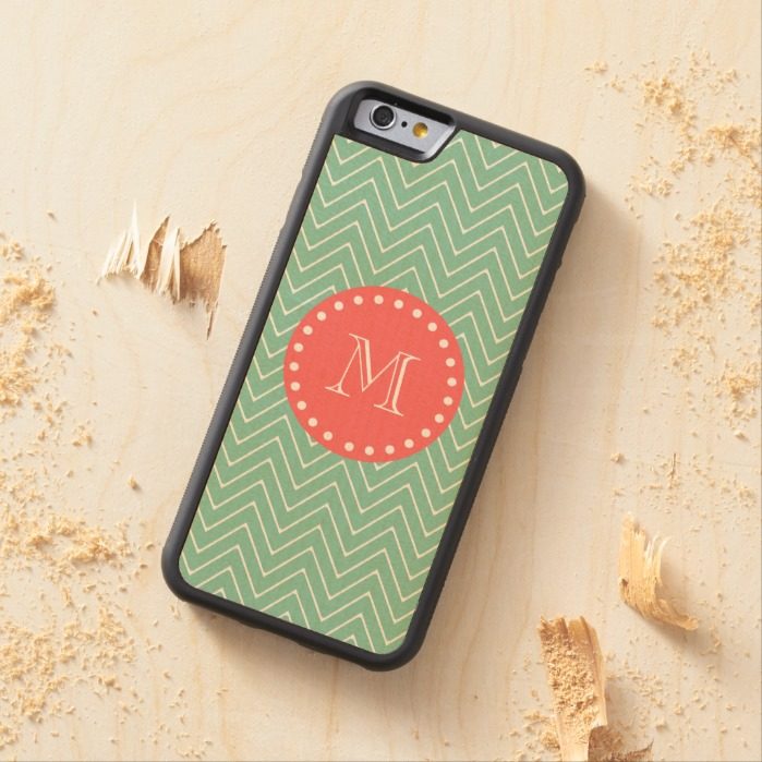 Mint Green Chevron Pattern | Coral Monogram Carved Maple iPhone 6 Bumper