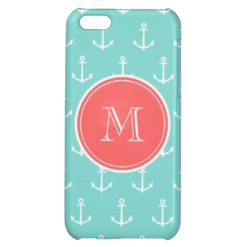 Mint Green White Anchors Pattern Coral Monogram iPhone 5C Cases