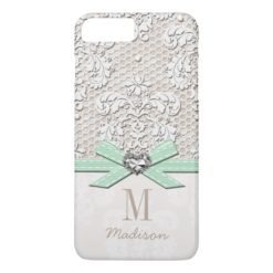 Mint Rhinestone Look Printed Lace and Bow Heart iPhone 7 Plus Case