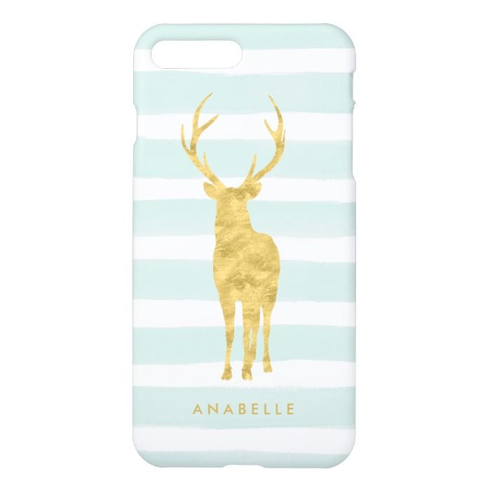 Mint Watercolor Stripes and Gold Deer iPhone 7 Plus Case