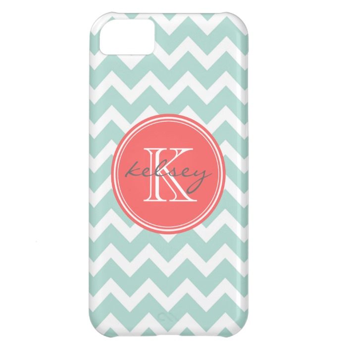 Mint and Coral Chevron Custom Monogram Cover For iPhone 5C