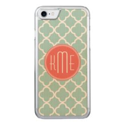 Mint and Coral Quatrefoil with Monogram Carved iPhone 7 Case