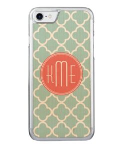 Mint and Coral Quatrefoil with Monogram Carved iPhone 7 Case