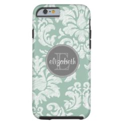 Mint and Gray Chalkboard Damask with Monogram Tough iPhone 6 Case