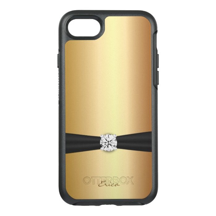 Modern Diamond Black Ribbon with Name Golden OtterBox Symmetry iPhone 7 Case