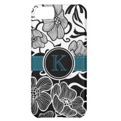 Modern Floral Black White Teal Ribbon Monogrammed iPhone 5C Cover