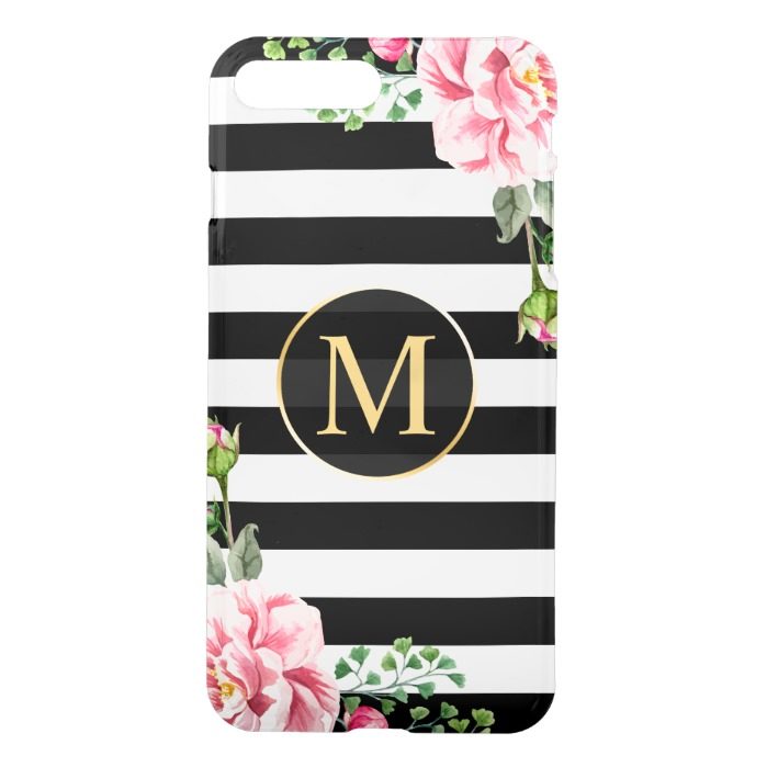 Modern Floral Decor Black White Stripes Monogram iPhone 7 Plus Case
