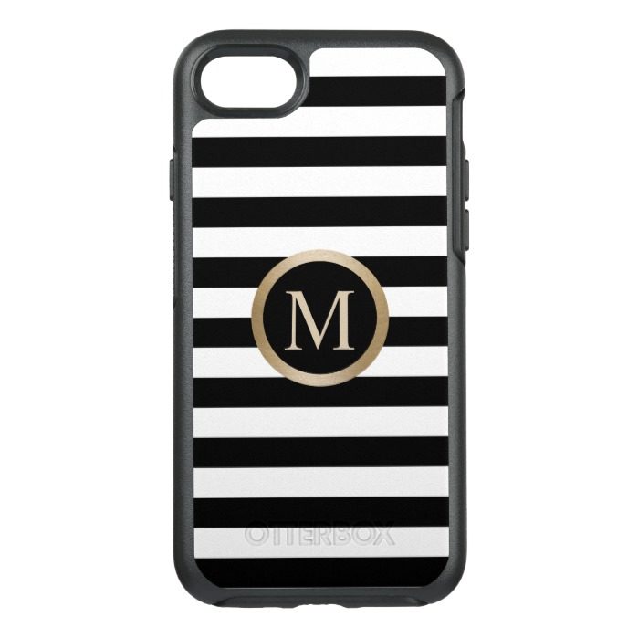 Modern Gold Monogram Initial Black & White Stripes OtterBox Symmetry iPhone 7 Case