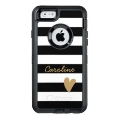 Modern Lovely Heart Decor Black White Striped OtterBox Defender iPhone Case