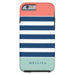 Modern Stylish Coral Mint Navy White Stripes Tough iPhone 6 Case