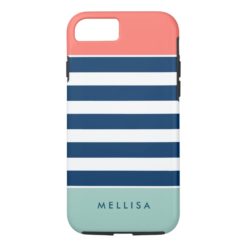 Modern Stylish Coral Mint Navy White Stripes iPhone 7 Case