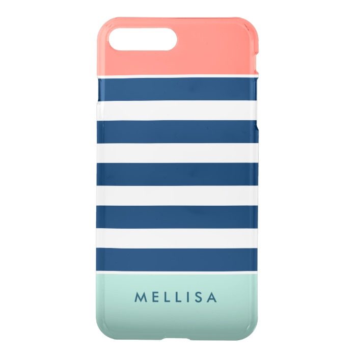 Modern Stylish Coral Mint Navy White Stripes iPhone 7 Plus Case