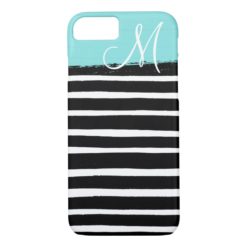 Modern black stripes turquoise brush cute monogram iPhone 7 case