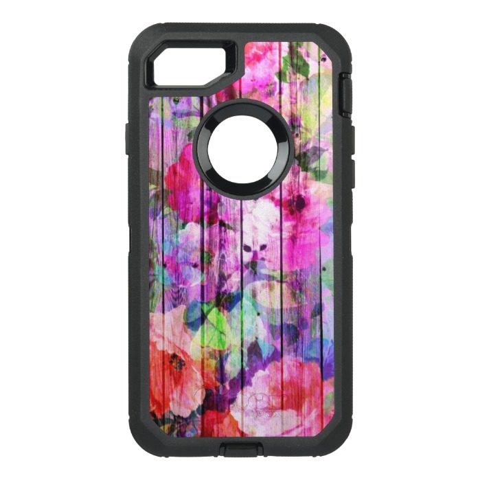 Modern bright pink floral watercolor on wood OtterBox defender iPhone 7 case