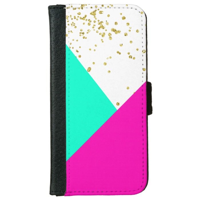 Modern neon pink turquoise color block gold girly iPhone 6/6s wallet case