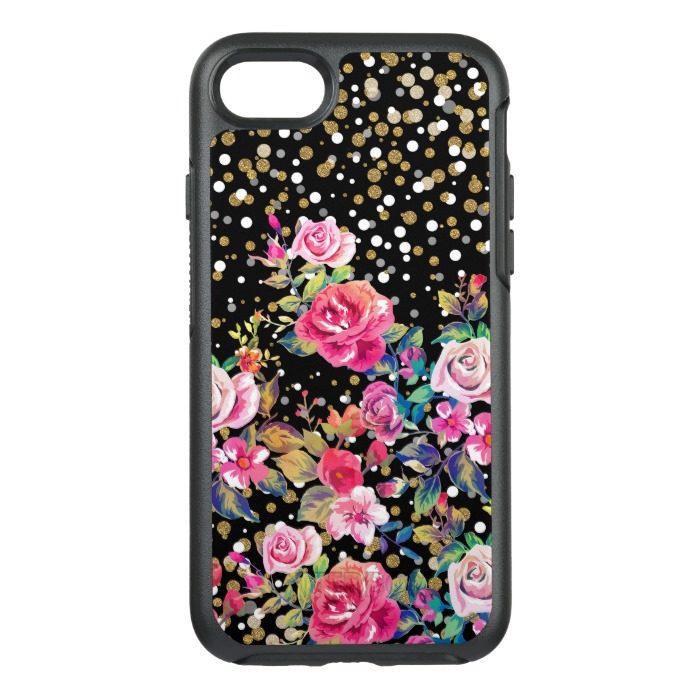 Modern watercolor spring floral and gold dots OtterBox symmetry iPhone 7 case