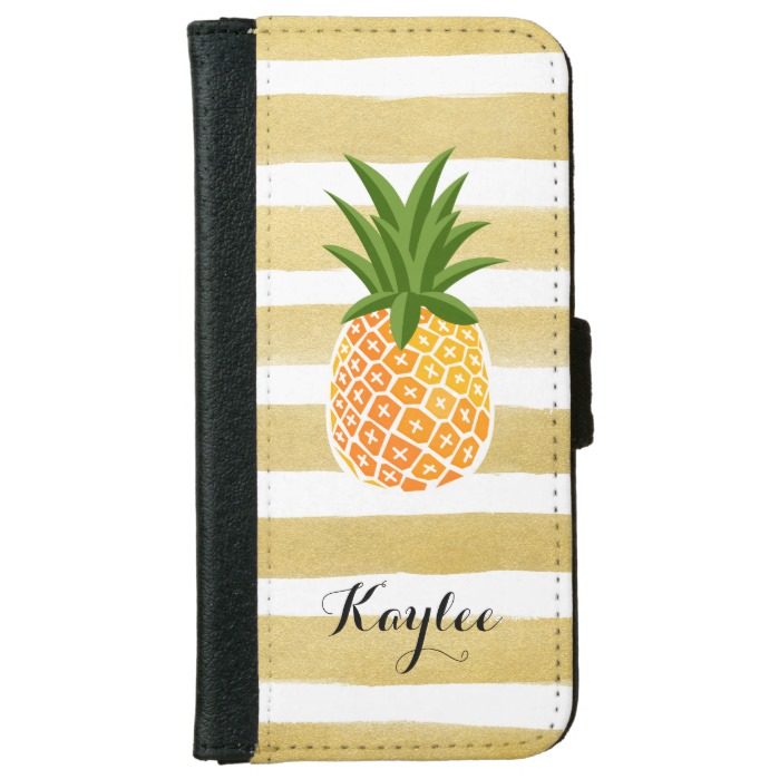 Modish Pineapple with Gold Stripes Monogram Name Wallet Phone Case For iPhone 6/6s
