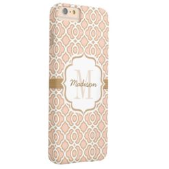 Monogram Blush Pink and Gold Quatrefoil Barely There iPhone 6 Plus Case