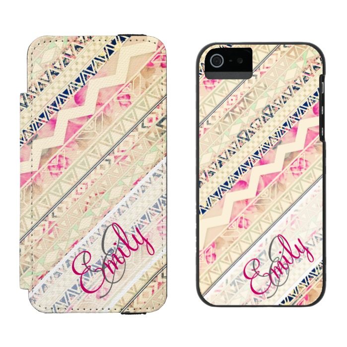 Monogram Girly Pink Floral Abstract Aztec Pattern Wallet Case For iPhone SE/5/5s