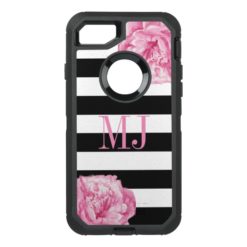 Monogram Initials Black Stripes Pink Floral Glam OtterBox Defender iPhone 7 Case