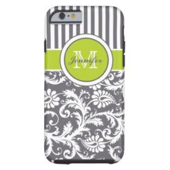Monogram Lime Gray White Striped Damask Tough iPhone 6 Case