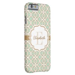 Monogram Mint Green and Gold Quatrefoil Barely There iPhone 6 Case