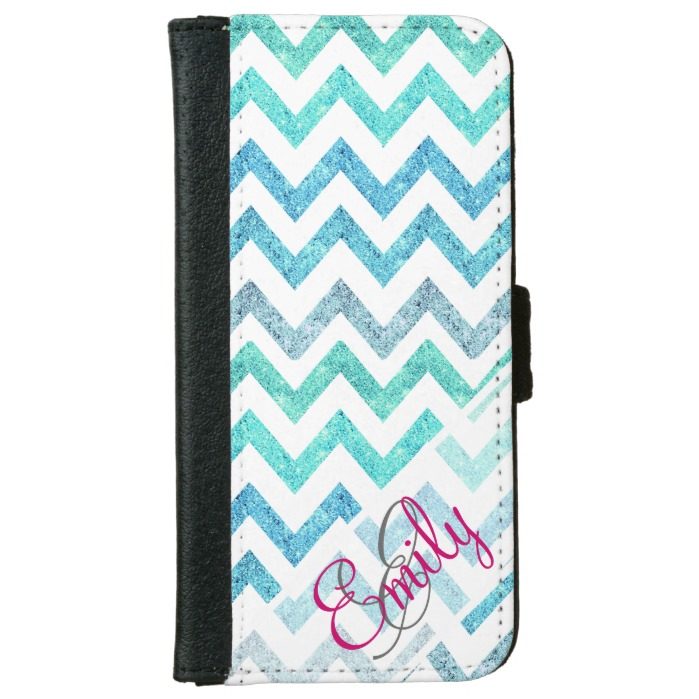 Monogram Summer Sea Teal Turquoise Glitter Chevron Wallet Phone Case For iPhone 6/6s