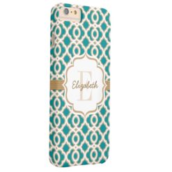 Monogram Teal and Gold Quatrefoil Barely There iPhone 6 Plus Case