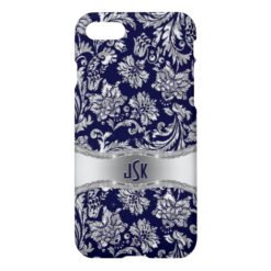 Monogramed Blue & Metallic Silver Floral Damasks iPhone 7 Case