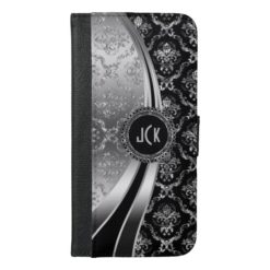 Monogrammed Elegant Black & Silver Floral Damask iPhone 6/6s Plus Wallet Case