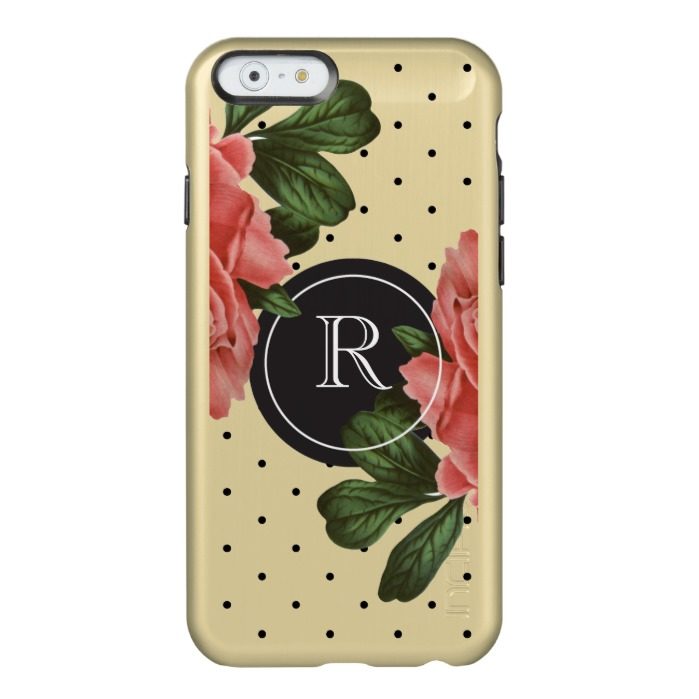 Monogrammed Gold Vintage Rose and Black Polka Dots Incipio Feather Shine iPhone 6 Case