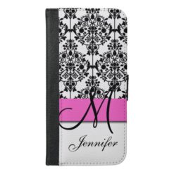 Monogrammed Pink Black White Floral Damask iPhone 6/6s Plus Wallet Case